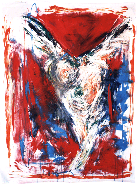 Naidos's bird, mixed media on large format paper, 97, expressive painting inspired by Salvador Dali's pieta
