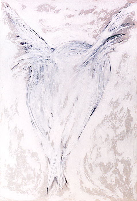 Naidos's bird, mixed media on large canvas, 97, white bird on white background
