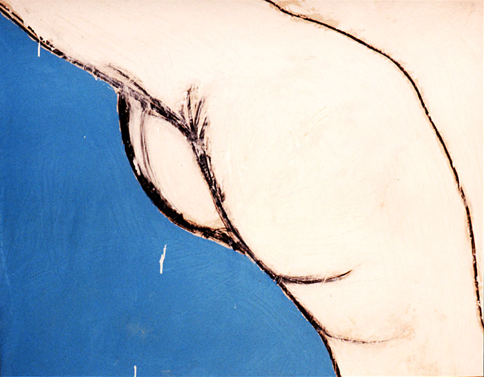 Naidos's bird, acrylic on large canvas, 97, figurative abstract, sensual, white bird on blue background