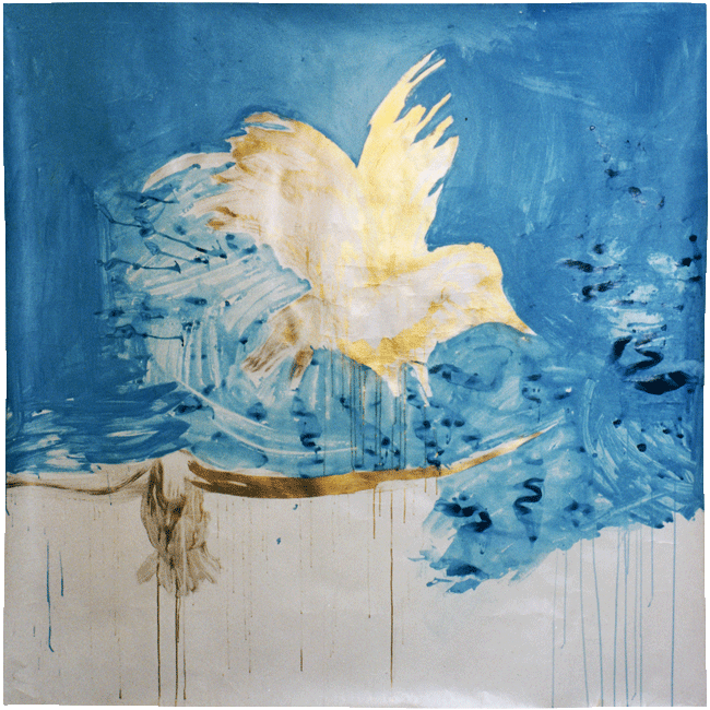 Naidos's birds, mixed media on large coffee paper, 88, blue sky and gold birds