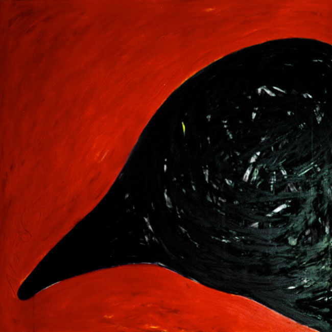 Naidos's bird, acrylic on large canvas, 2001, figurative abstract, expressive painting, bright colours, red, yellow and black
