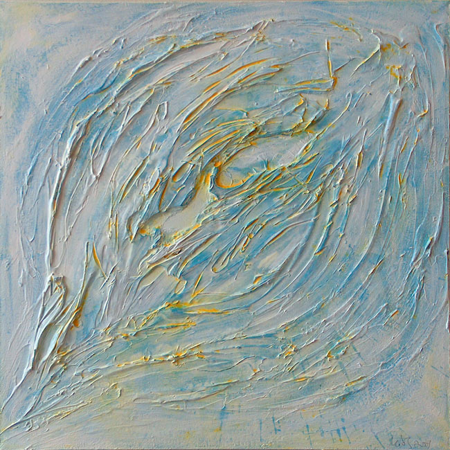 Naidos's bird, acrylic on small canvas, 2005, figurative abstract, expressive painting, white bird from above, emerging from sky, sold