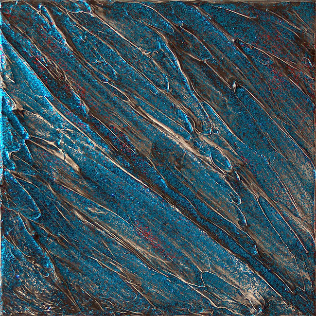 Naidos's bird, mixed media on small canvas, 2005, figurative abstract, expressive painting, Bird's-eye-open-shot, glittery textured blue