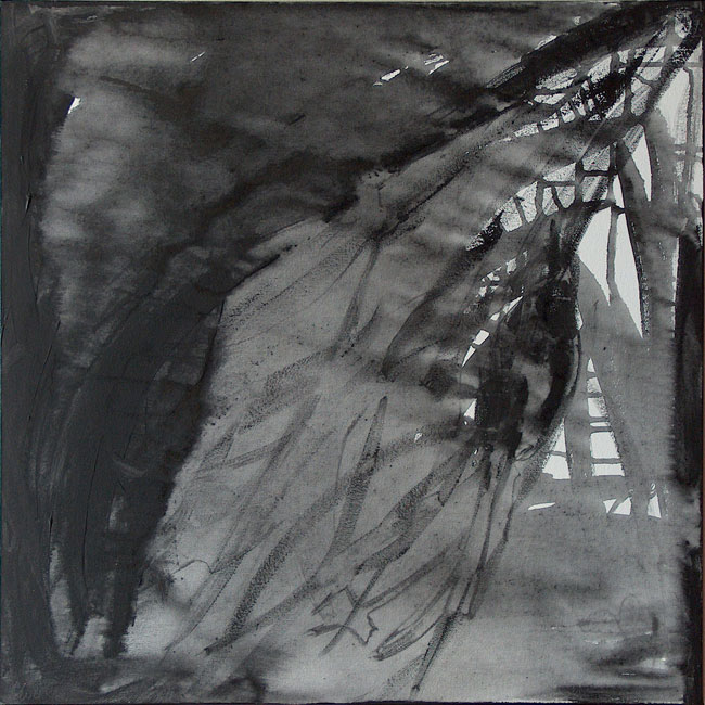 Naidos's bird, acrylic on small canvas, 2005, figurative abstract, expressive painting, translucent black and white, minimalist, sold