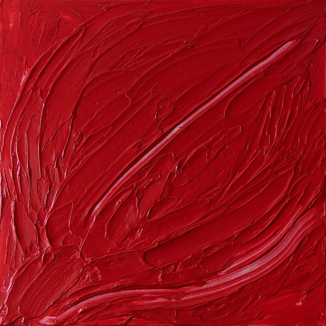 Naidos's bird, acrylic on small canvas, 2005, figurative abstract, expressive painting, bright red, textured