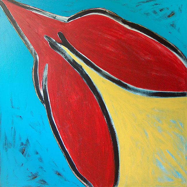 Naidos's bird, mixed media on large canvas, 2005, figurative abstract, expressive painting, bright colours, red and yellow bird