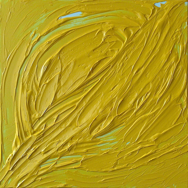 Naidos's bird, acrylic on small canvas, 2005, figurative abstract, expressive painting, bright yellow, textured, sold