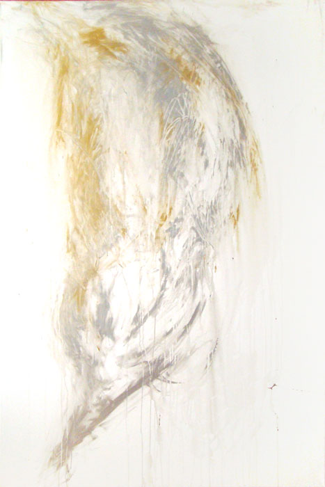 Naidos's bird, mixed media on large canvas, 2008, figurative abstract, expressive painting, inspiring, translucent gold and silver