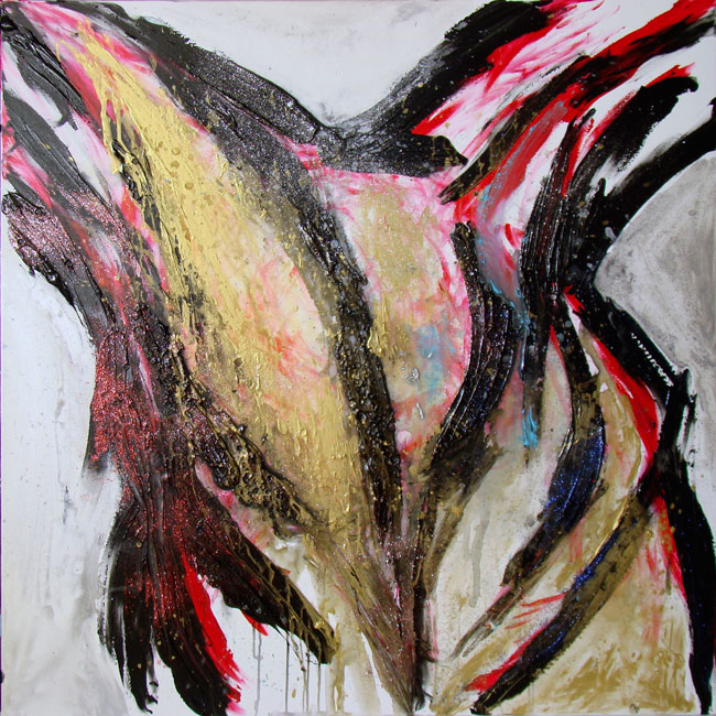 Naidos's bird, mixed media on large canvas, 2008, figurative abstract, expressive painting, inspiring, luminous and fluid