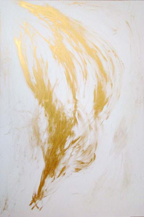Naidos's bird, mixed media on large canvas, 2008, figurative abstract, expressive painting, inspiring, translucent gold