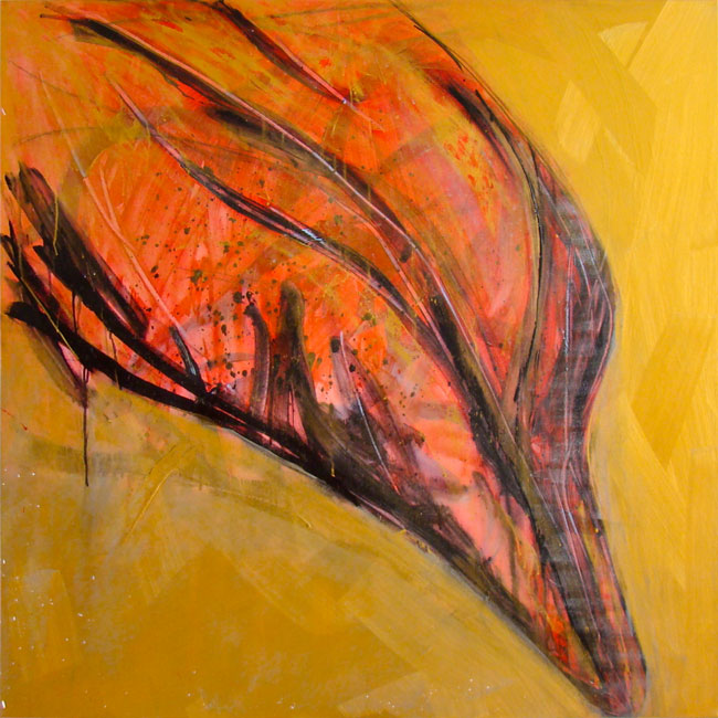 Naidos's bird, mixed media on large canvas, 2011, figurative abstract, expressive painting, gold and red bird,translucent, inspired by the Chinese new year
