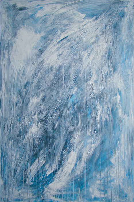 Naidos's bird, mixed media on large canvas, 2011, figurative abstract, expressive painting, blue and white bird, serenity